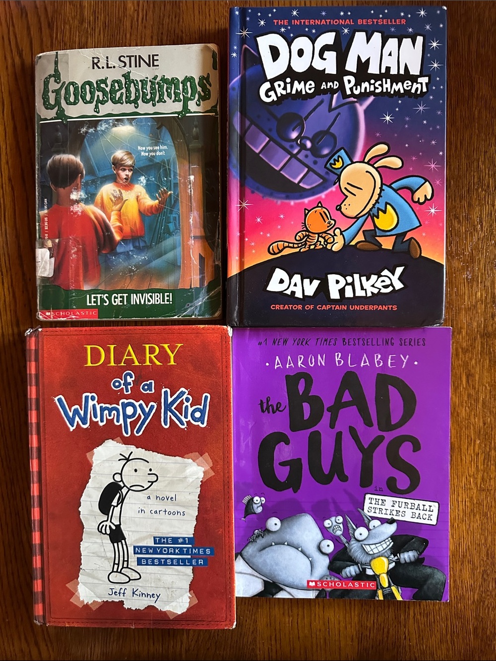 Dog Man
Goosebumps 
Diary of a Wimpy kid 
The bad guys 
4 book set